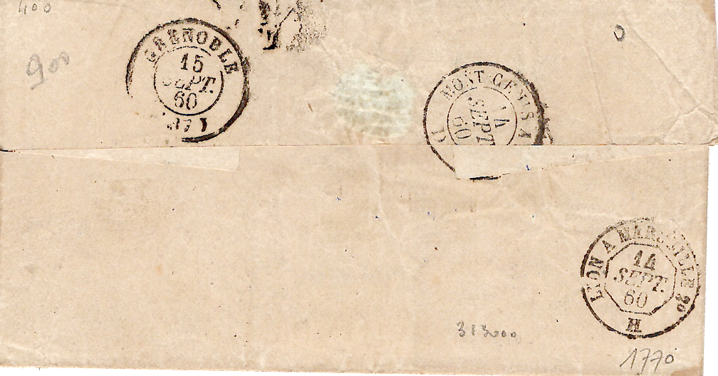 1 FRANCE N° 14 CACHET SARDE BOURG ST MAURICE 13 SEPT 1860 LETTRE + CERTIFICAT BUREAU RARE