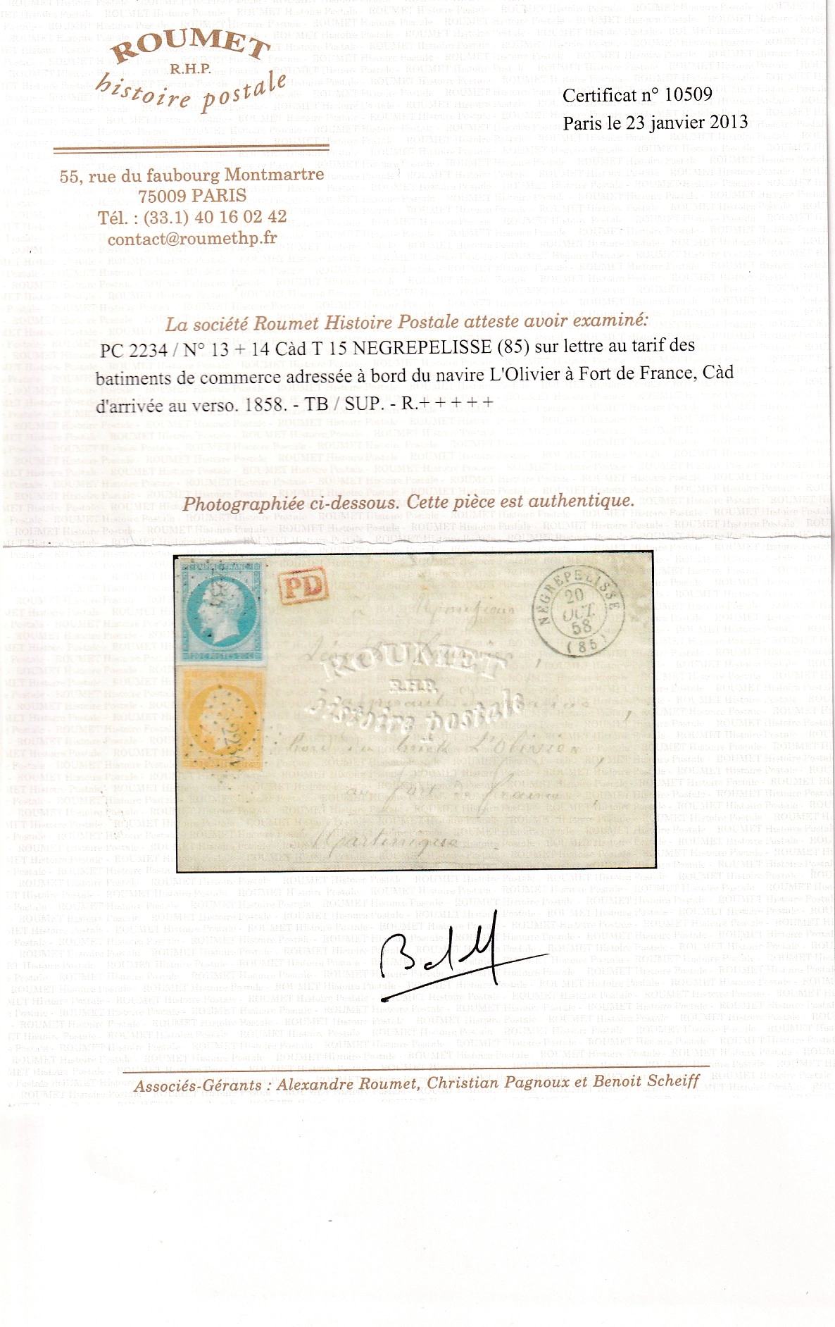 2 N°13 14 PC 2234 NEGREPELISSE TARN ET GARONNE POUR FORT DE FRANCE MARTINIQUE TARIF BATIMENTS DE COMMERCE CERTIFICAT RHP