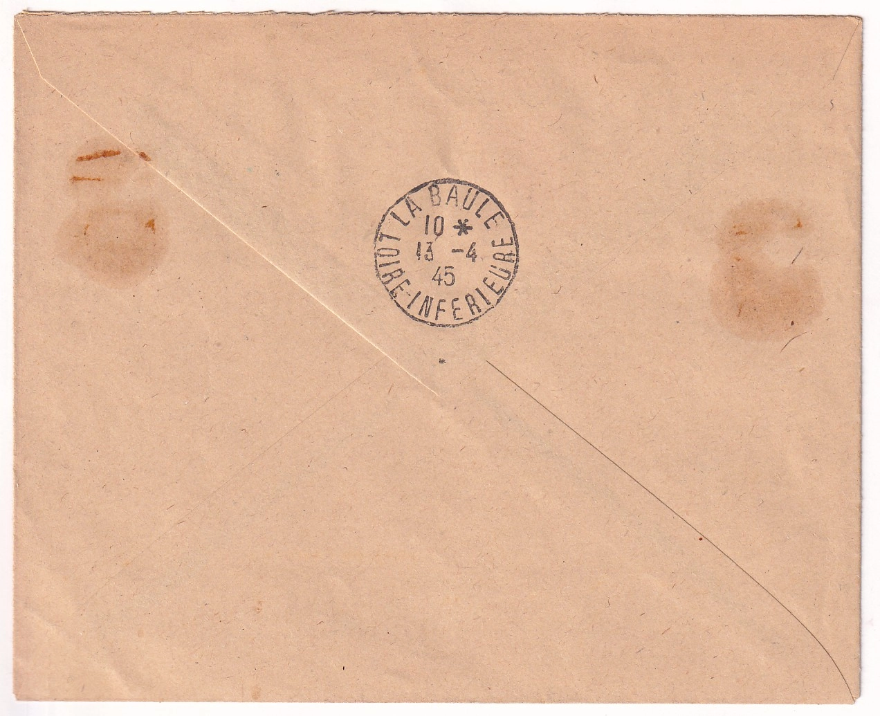 1 TIMBRE DE GUERRE N°9 X2 RECOMMANDE BATZ SUR MER POCHE DE ST NAZAIRE 12 AVRIL 1945 POUR LA BAULE LOIRE INFERIEURE