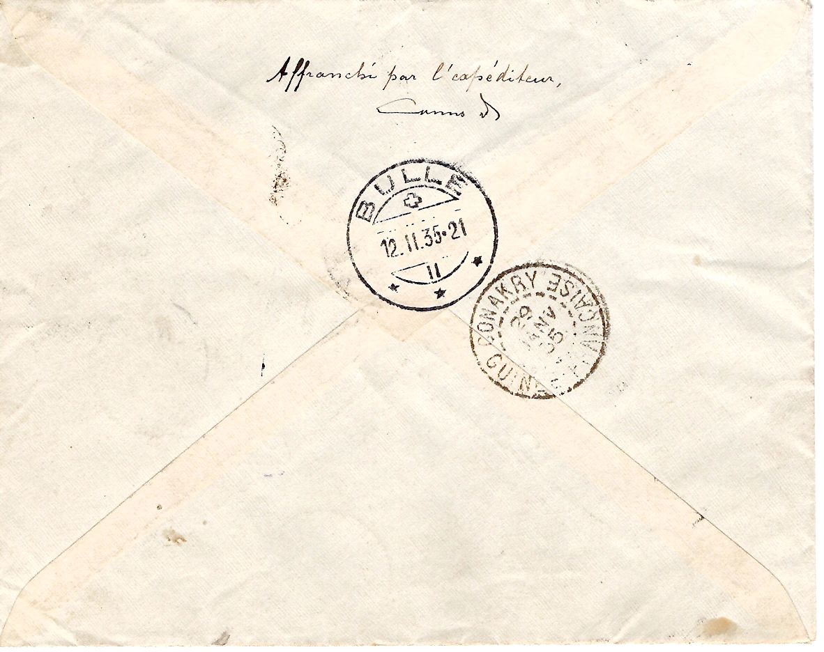 1 GUINEE AOF 85C + SERIE EXPO COLONIALE LETTRE REC KINDIA 28 JANV 1935 GUINEE FRANCAISE POUR BULLE SUISSE