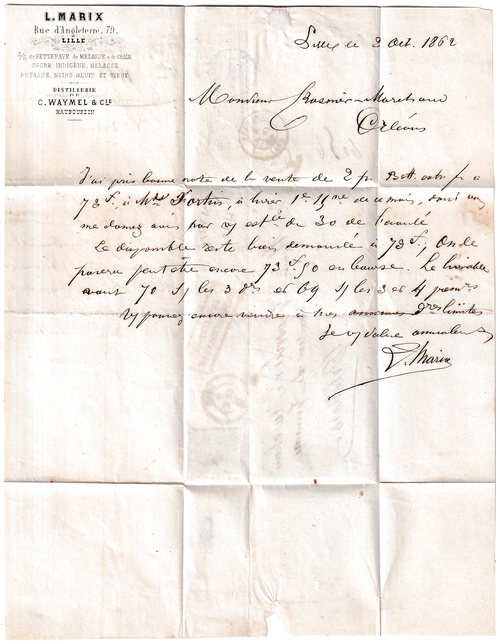 2 N°11 PC 1727 LILLE NORD TAXE 29 MANUSCRIT POUR ORLEANS LOIRET