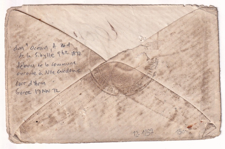 1 LETTRE ERITE DE L'ILE DE GOREE SENEGAL 17 NOV 1872 ESCALE DE TRANSPORT D'UN COMMUNARD EN ROUTE POUR LA NOUVELLE CALEDONIE FRAGATE LA SIBYLLE POUR PARIS COMMUNE DE PARIS