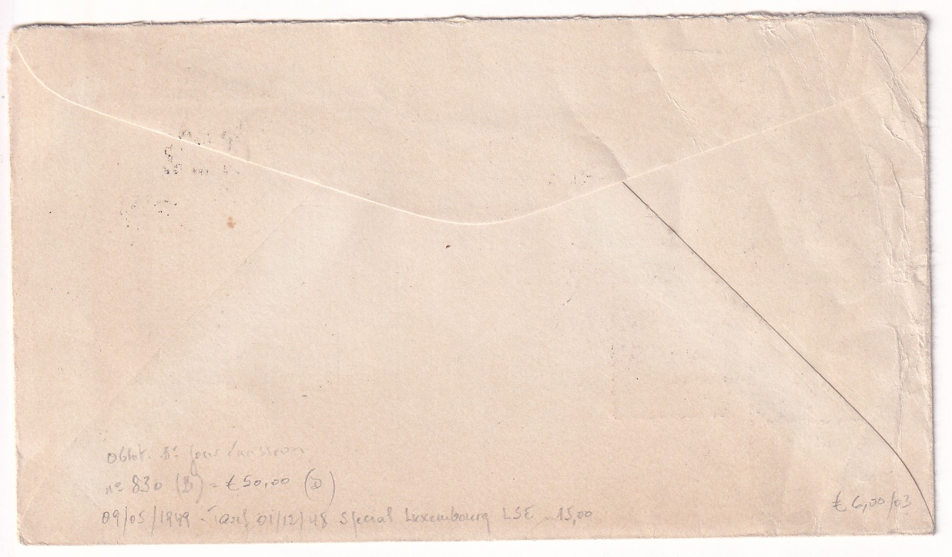 1 N°830 SEUL SUR LETTRE POUR LE LUXEMBOURG 1949 CENTENAIRE DU TIMBRE