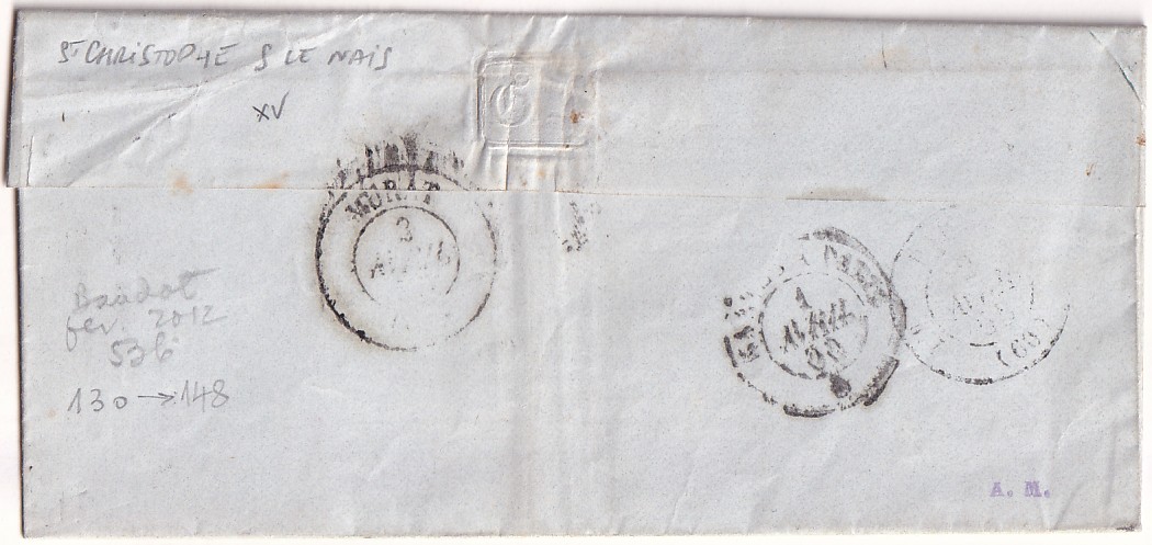 1 N°14 CURSIVE 36 ST CHRISTOPHE SUR LE NAIS INDRE ET LOIRE BOITE RURALE A ST PATERNE RACAN POUR MURAT CANTAL