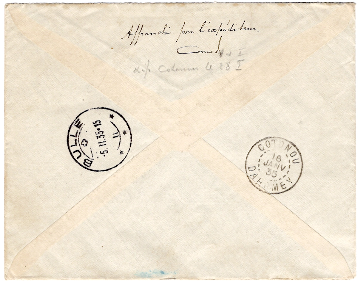 1 CAMEROUN SERIE EXPO COLONIALE LETTRE COVER REC AVION DOUALA 9 JANV 1935 POUR BULLE SUISSE