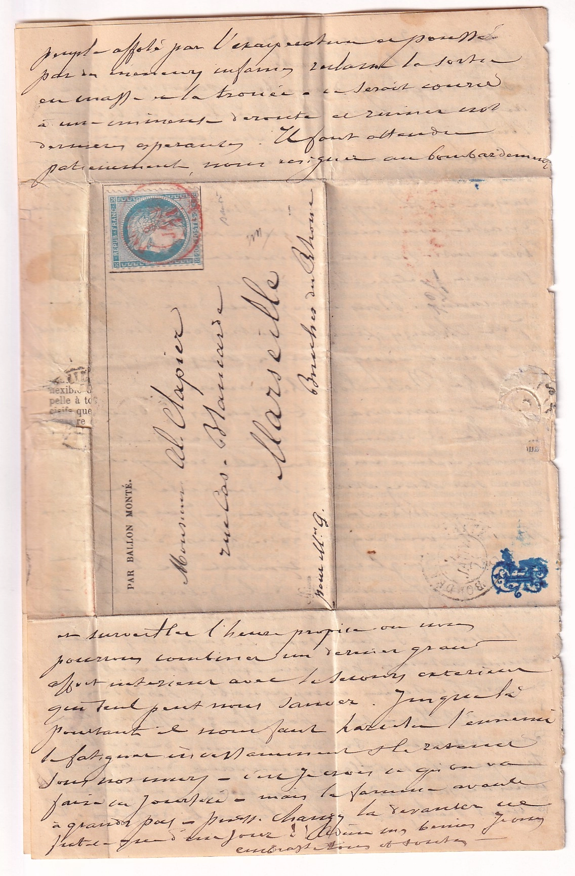 4 BALLON MONTE LE NEWTON N°37 PARIS SC ROUGE 3.01.1871 GAZETTE DES ABSENTS N°22 POUR MARSEILLE BEAU TEXTE