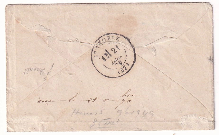 1 BALLON MONTE POSTE A MONTREUIL SOUS BOIS 8 DEC 1870 TEXTE DE NOISY  MENTION AVRON PRES ROSNY LE GENERAL RENAULT POUR GRENOBLE ISERE