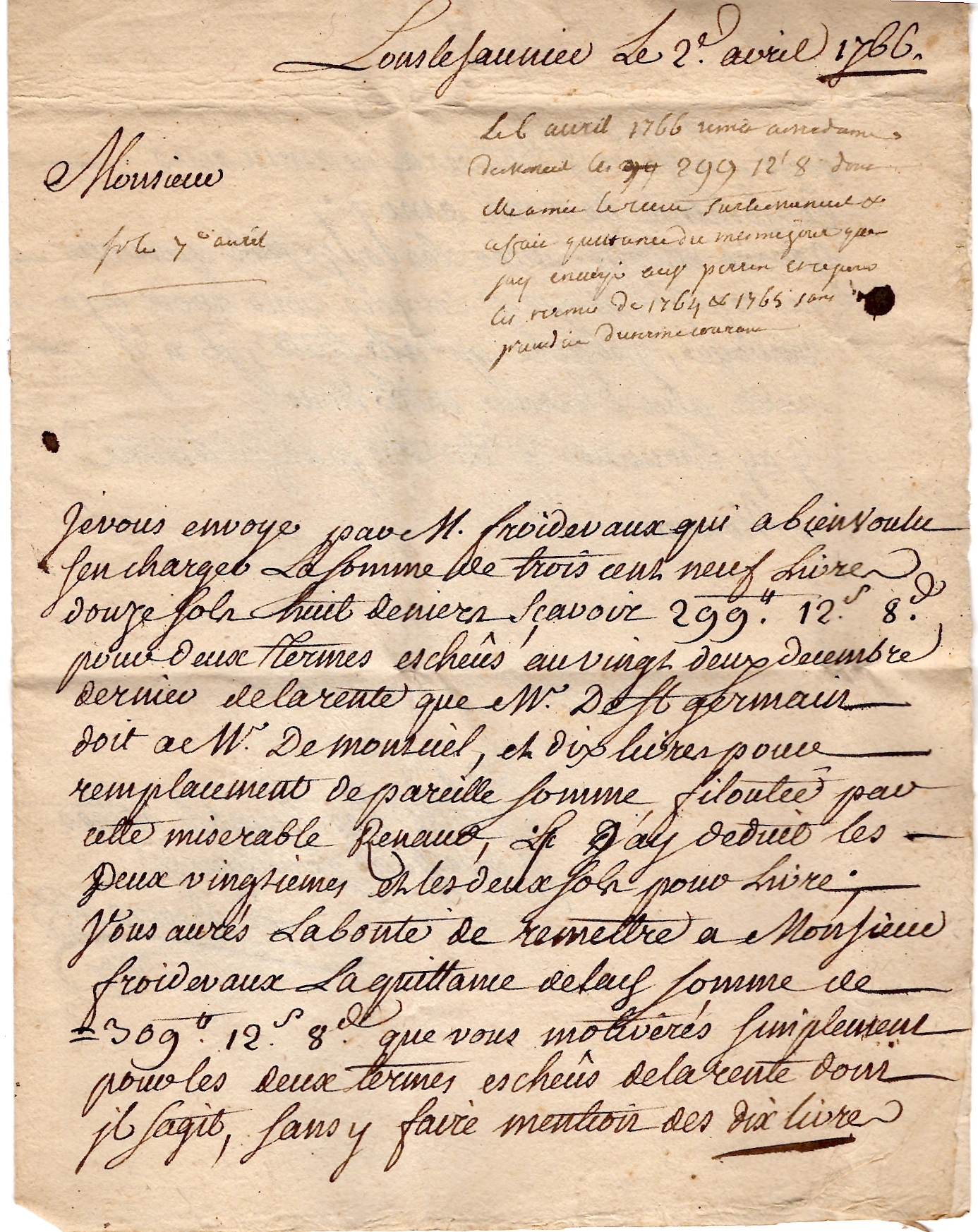 2 JURA LETTRE ECRITE DE LONS LE SAUNIER 1766 POUR DOLE