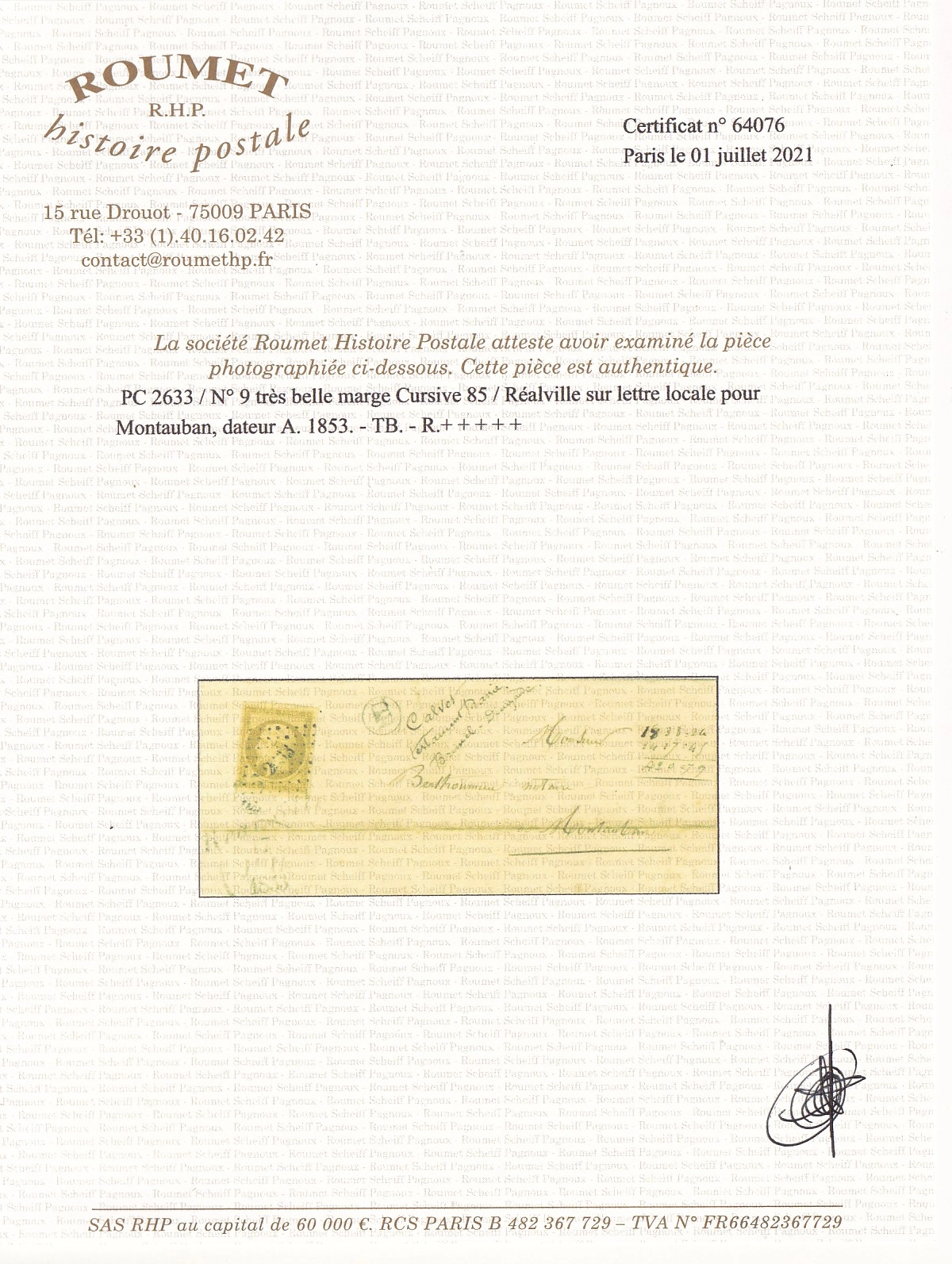 3 N°9 TTB / SUP CURSIVE 85 REALVILLE TARN ET GARONNE POUR MONTAUBAN CERTIFICAT RHP