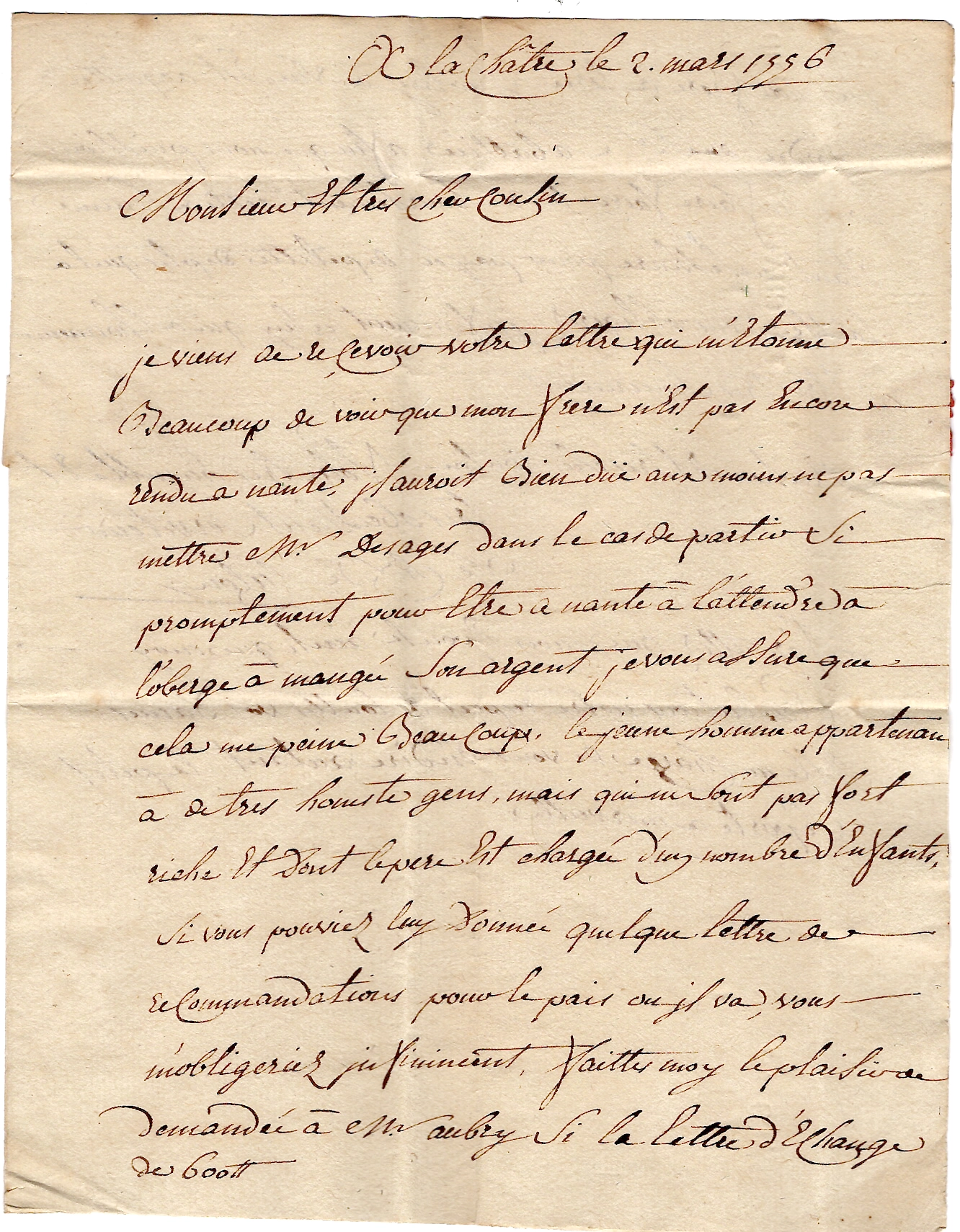 2 INDRE MARQUE LA CHATRE LENAIN N°3  1776 LETTRE POUR NANTES COTE 700€
