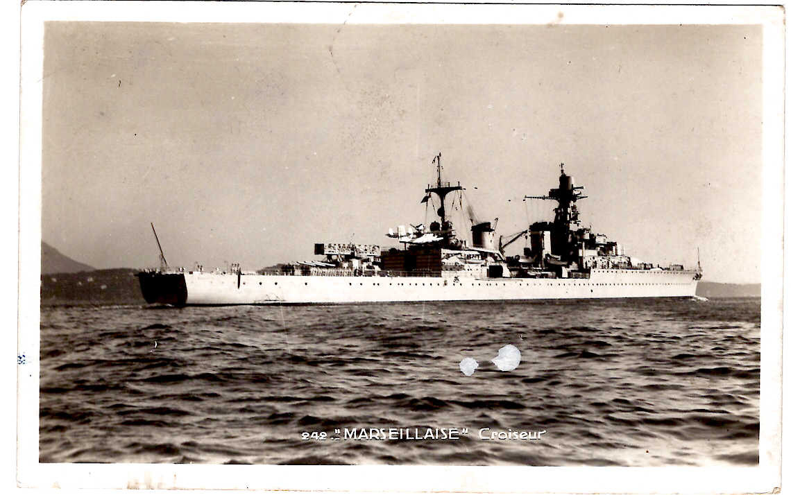 1 SEMEUSE 10C OUTREMER +30C CARTE CROISEUR MARSEILLAISE CACHET PERLE CUIRASSE L'OCEAN 16.1.39