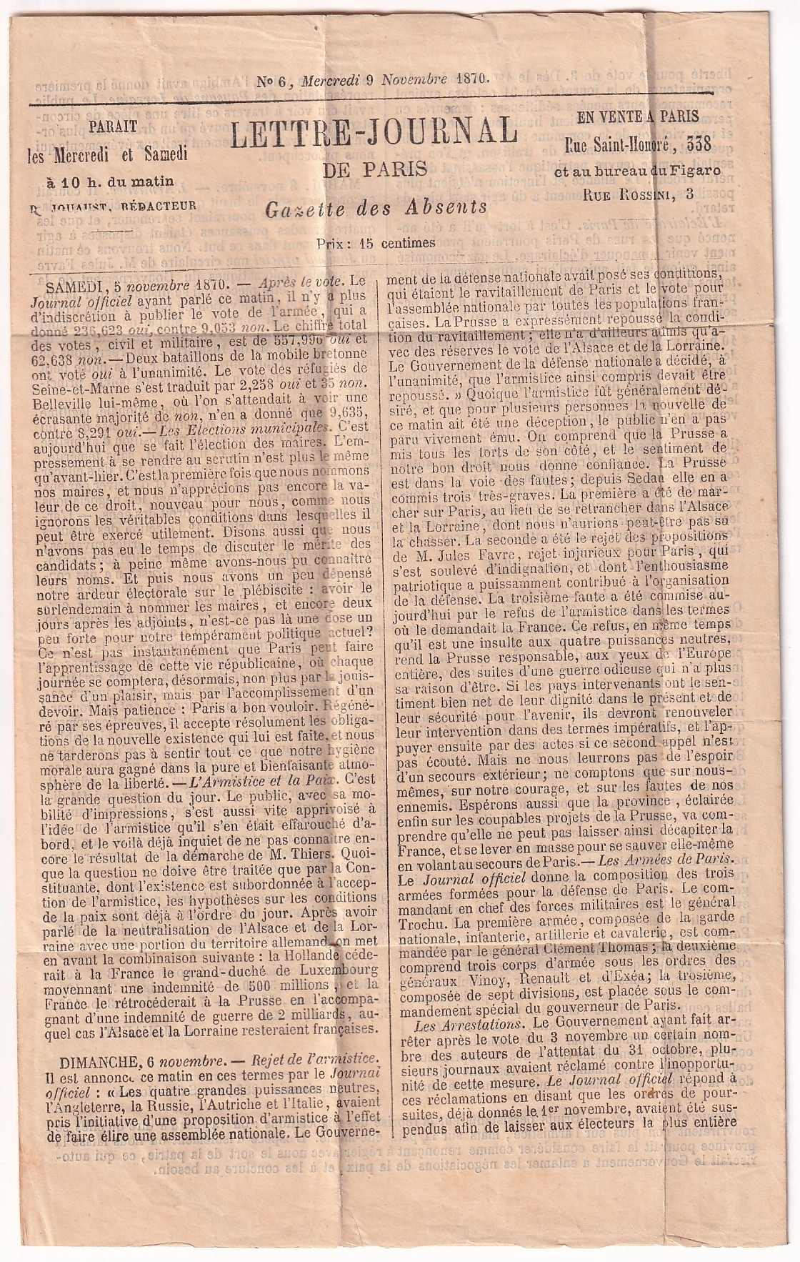 2 BALLON MONTE CAD ARMEE FRANCAISE QUARTIER GENERAL 12.11.1870 LE GENERAL UHRICH GAZETTE DES ABSENTS N°6 POUR VANNES MORBIHAN ARRIVE 28.11.1870