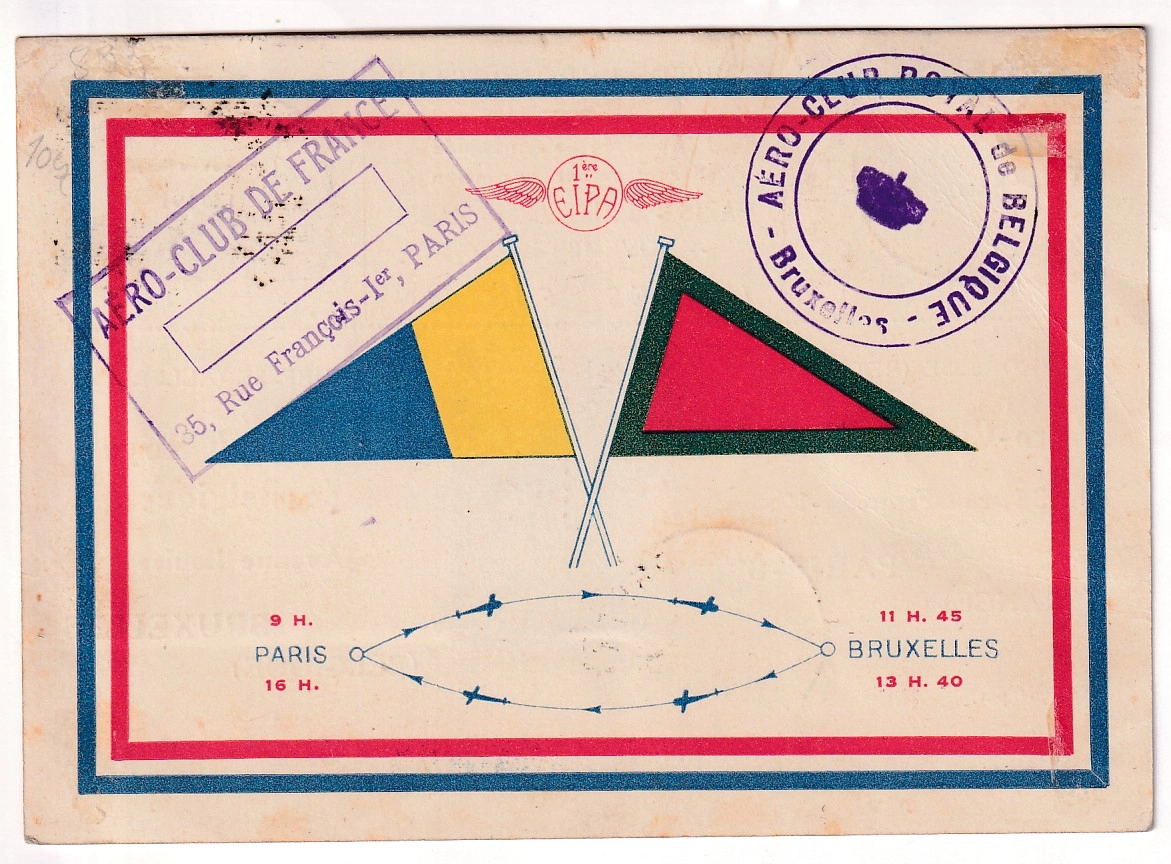 1 PA N°6c EIPA BLEU SIGNE CALVES SUR CARTE PARIS EXPOSITION 1930 POUR BRUXELLES CARTE FARMAN
