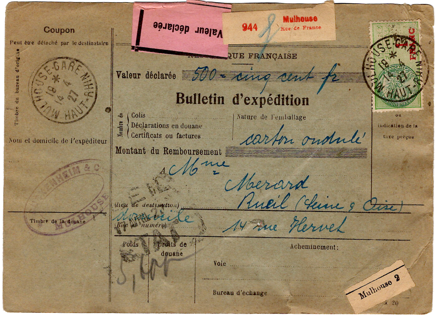 1 MERSON 10FR SEUL AU RECTO BULLETIN EXPEDITION VALEUR DECLARE MULHOUSE GARE 1927