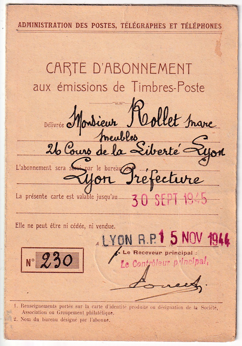1 N°603 605 X2 SUR CARTE ABONNEMENT LYON 14 11 1944