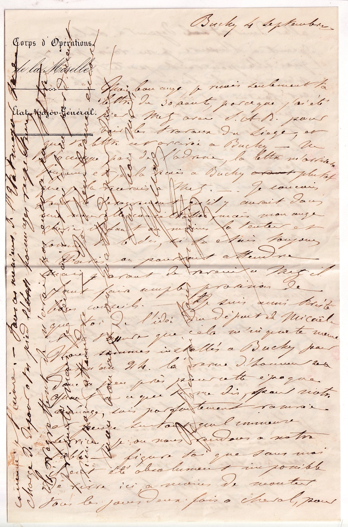 2 CAD TYPE 15 METZ MOSELLE 1844 + CAD CORPS OPERATION DE LA MOSELLE SUR LETTRE ENTETE ETAT MAJOR DE BUCHY PUR TROUVILLE MOSELLE