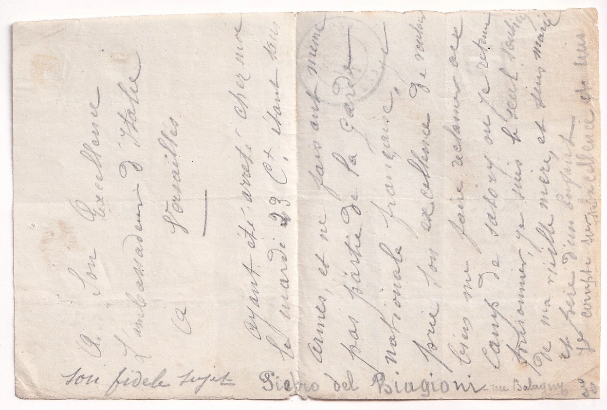 2 TAXE N°3 DU 29 MAI 1871 SEMAINE SANGLANTE LETTRE D'UN DETENU AU CAMPS DE SATORY POUR AMBASSADE ITALIE VERSAILLES COMMUNE DE PARIS