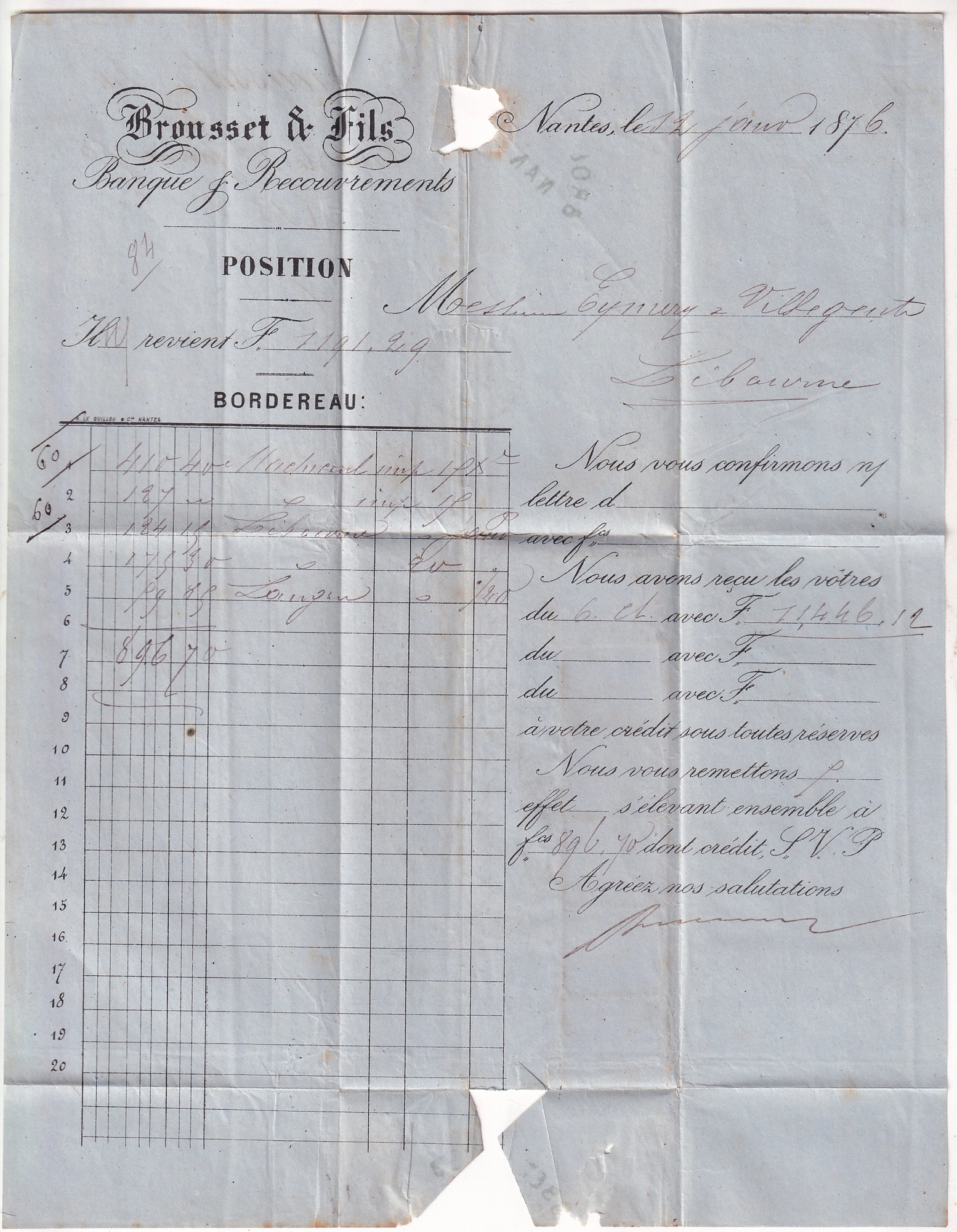 2 N°38 + 51 BANDE DE 5 GC 2602 NANTES POUR LIBOURNE GIRONDE 1876