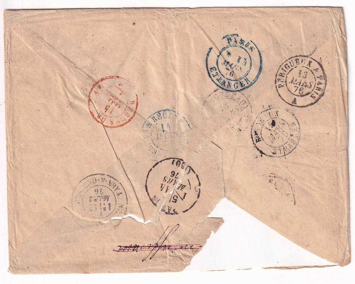 1 N°60 X4 GC 2617 NEGREPELISSE TARN ET GARONNE A BORD DE LA GALISSONNIERE POUR STATION NAVALE OCEAN PACIFIQUE VOIE ANGLAISE SOUTHAMPTON PANAMA RECTIFIE PAR MAGELLAN 1876 AU DOS REBUTS EN BLEU