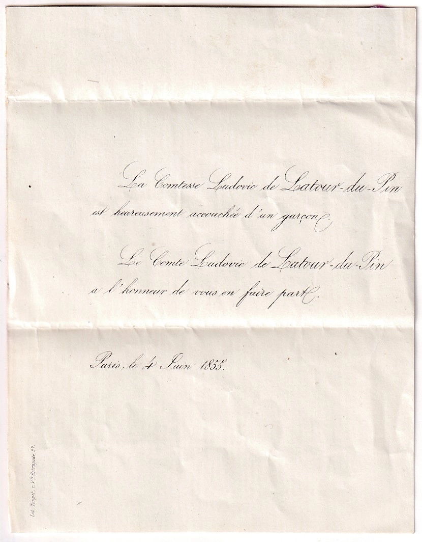 2 N°12 PAIRE ETOILE PARIS POUR LYON FAIRE PART ACCOUCHEMENT COMTESSE DE LA TOUR DU PIN ISERE