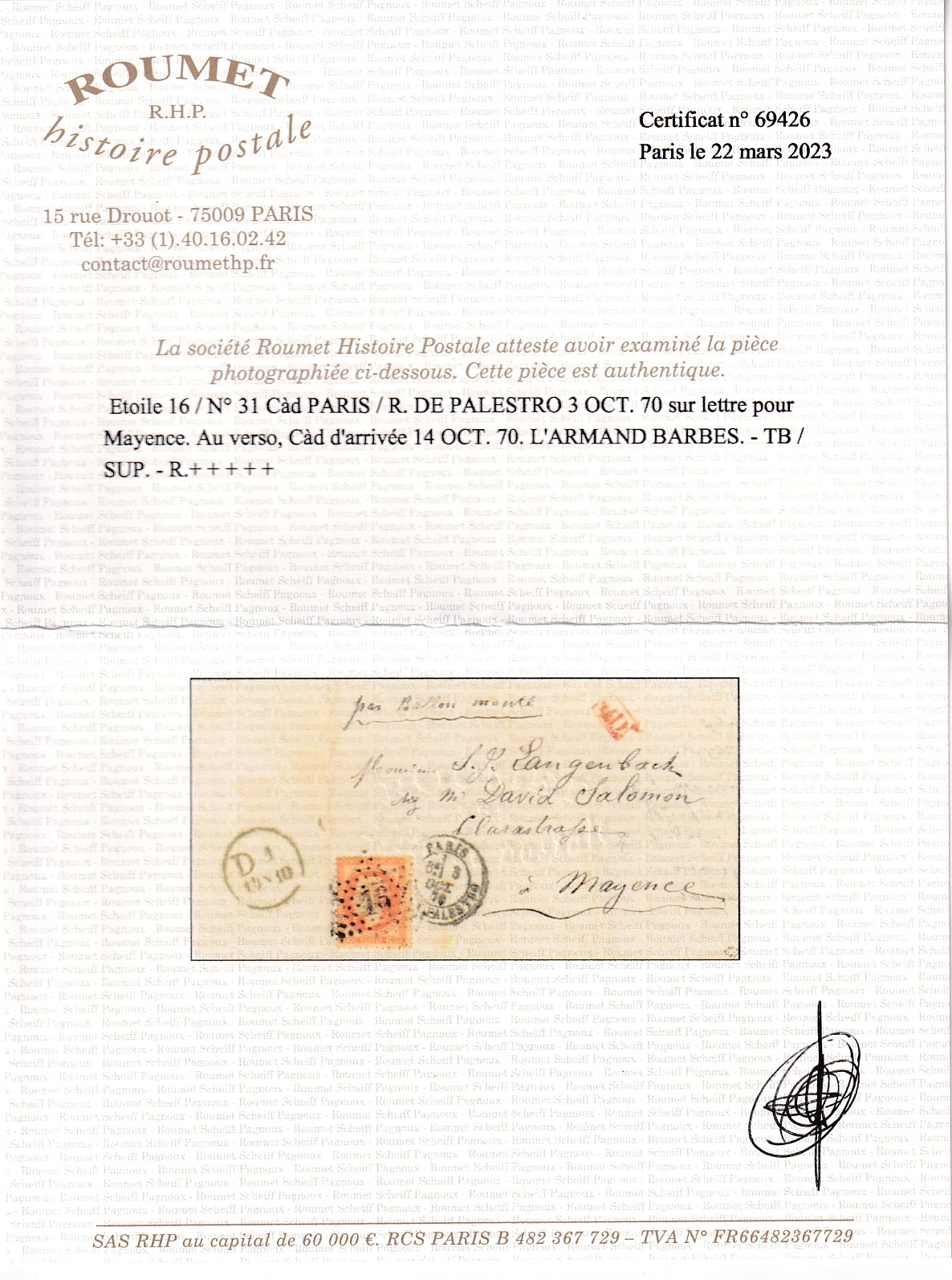 3 BALLON MONTE ARMAND BARBES PARIS 3.10.1870 POUR MAYENCE ALLEMAGNE ARRIVEE 14.10.1870