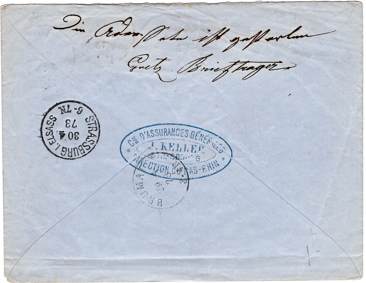 1 ALSACE LORRAINE GERMANY 1+2G LETTRE COVER REC CHARGE FER A CHEVAL STRASSBURG 1873 STRASBOURG BAS RHIN