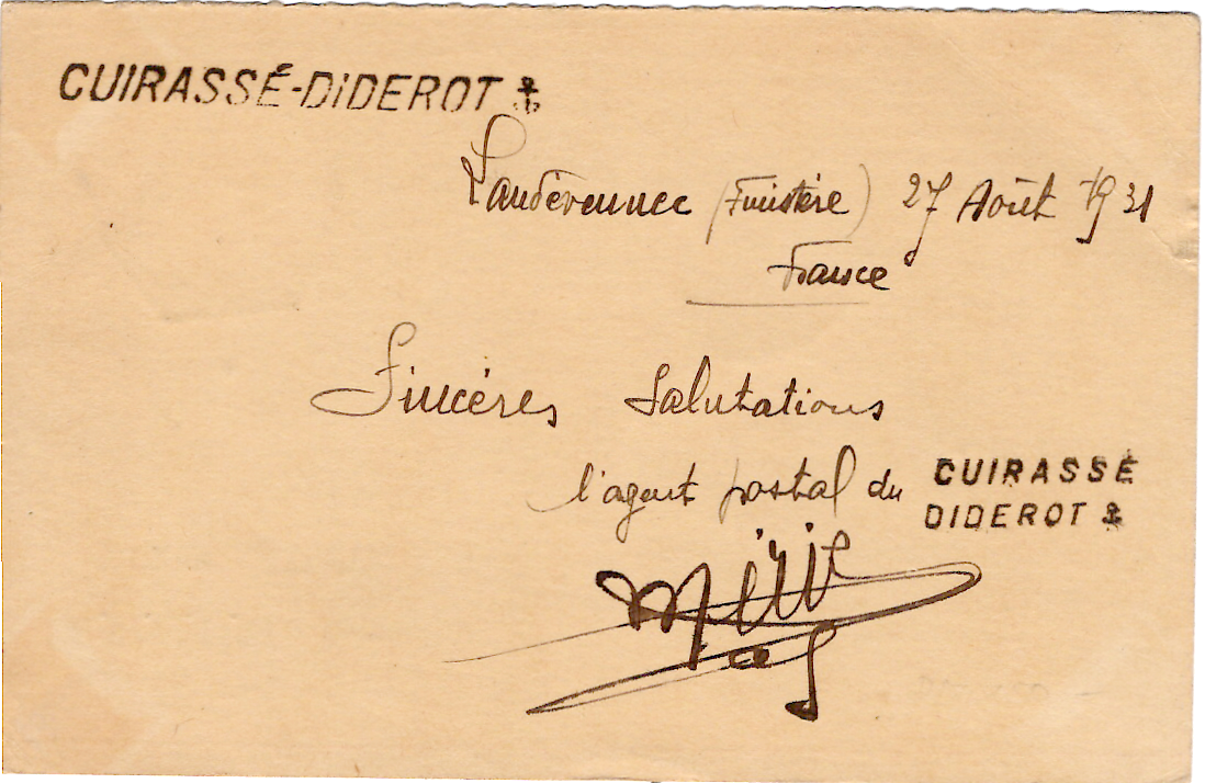 1 USA ENTIER REPONSE CP CACHET HEX PERLE CUIRASSE DIDEROT 21.5.31 + VERSO GRIFFE