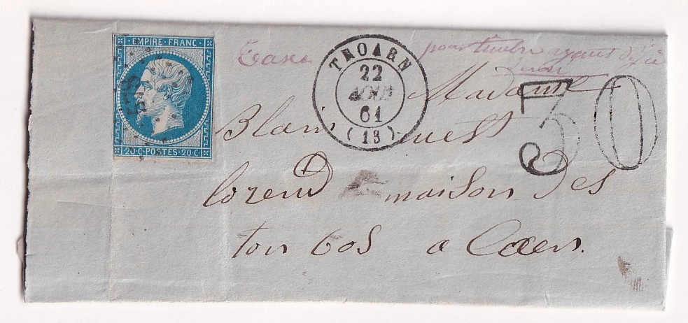 2 N°14 ENVELOPPE TAXE CHARGE D'OFFICE + LETTRE DE TROARN CALVADOS 1861