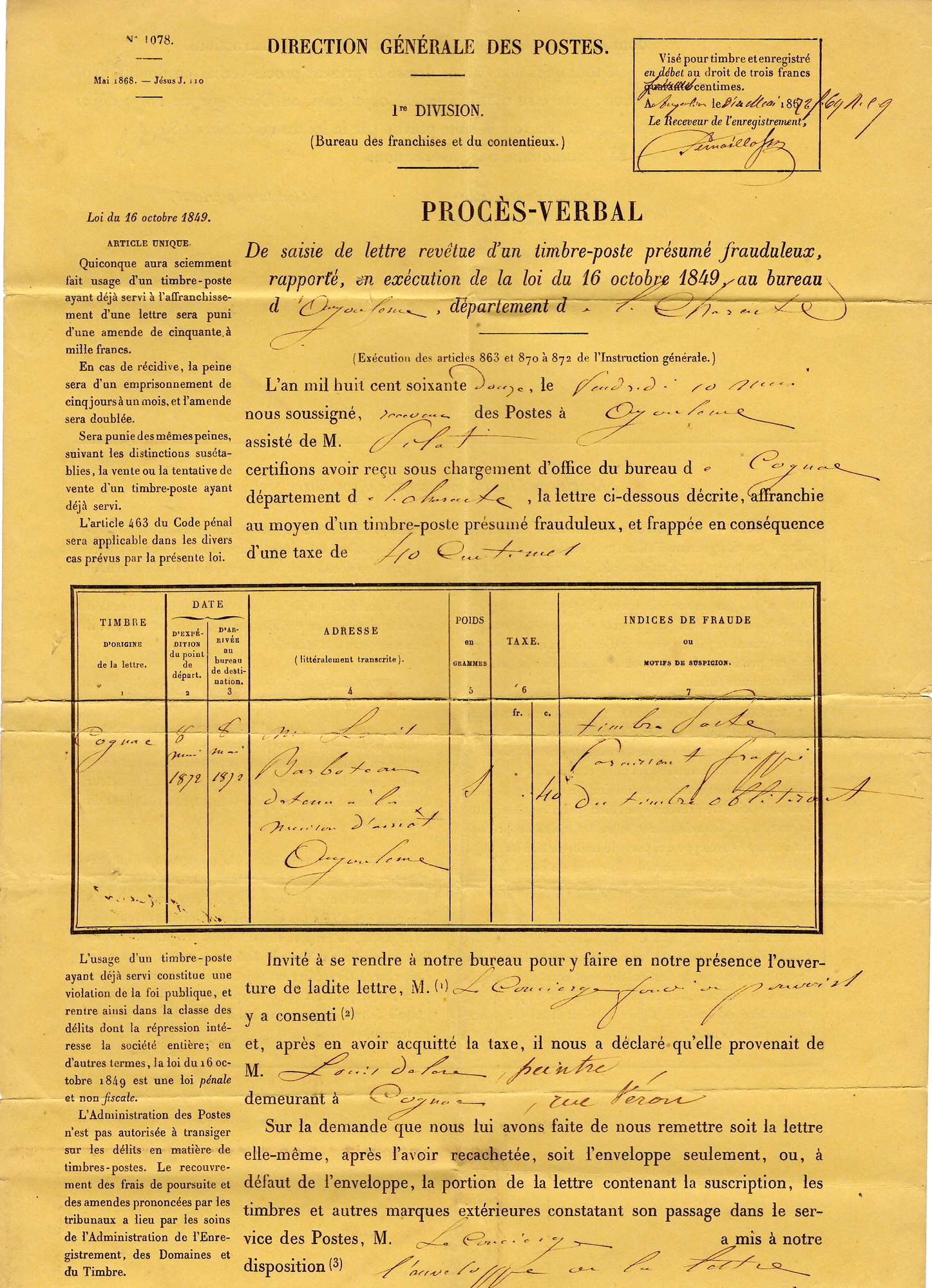 2 N° 60 LETTRE DEUIL TAXE POUR TIMBRE AYANT DEJA SERVI + 40DT COGNAC 1872+ PROCES VERBAL