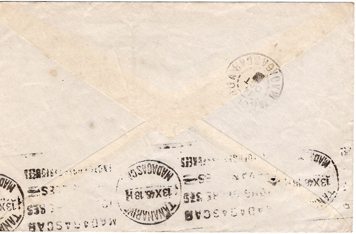 1 BLASON 10FR LANGUEDOC SEUL LETTRE AVION FLOIRAC 30.1.1946 GIRONDE POUR MADAGASCAR + RETARDE ACCIDENT D' AVION