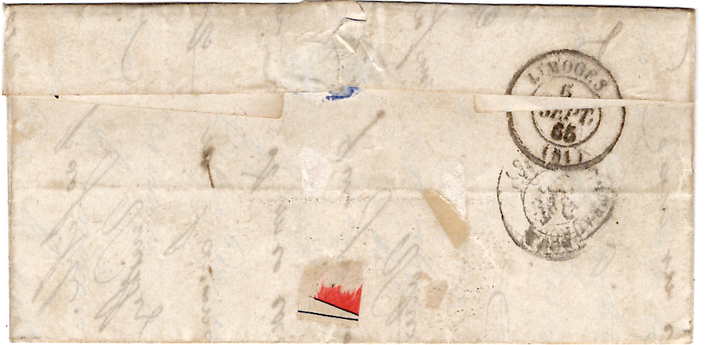 1 N° 21 LOSANGE BP AMBULANT PERIGUEUX A PARIS A 1865+ MENTION BOITE DE LA GARE POSTEE A ST JUNIEN HAUTE VIENNE