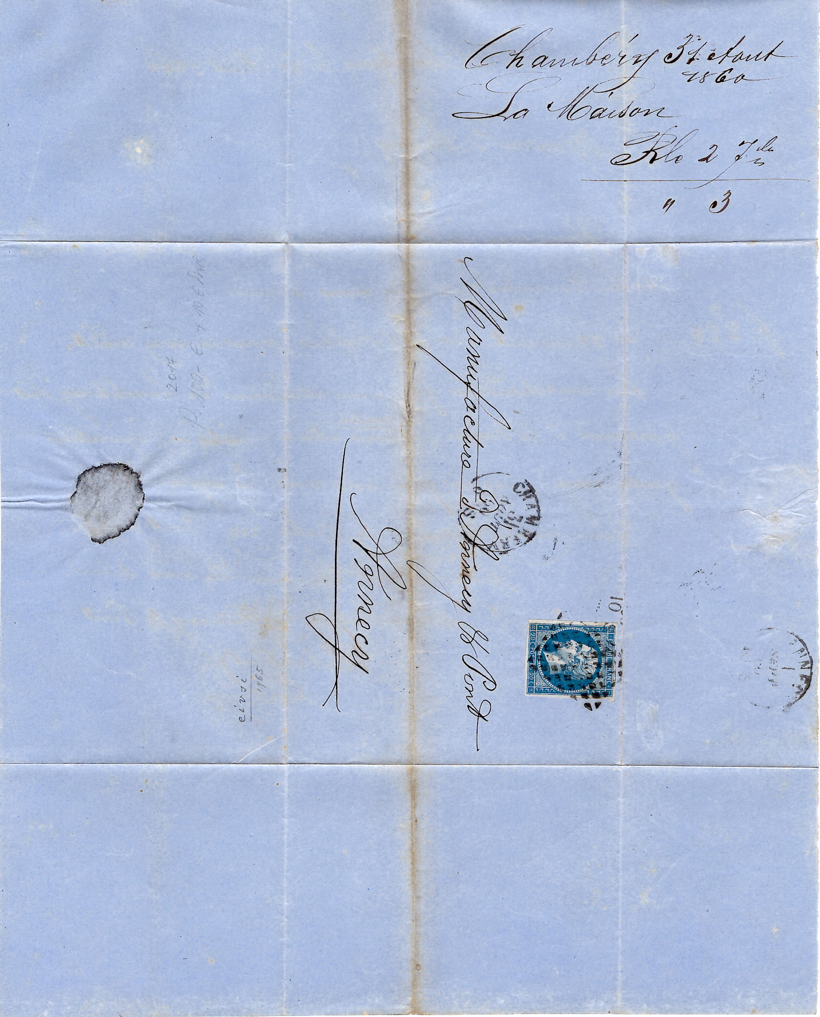 3 N° 14 GRILLE ROMBI CACHET SARDE CHAMBERY 31 OUT 1860 LETTRE POUR ANNECY