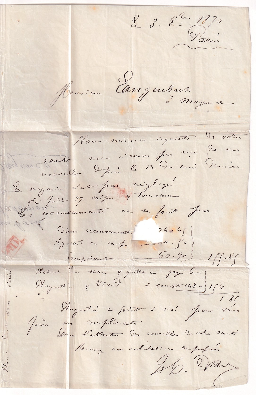 2 BALLON MONTE ARMAND BARBES PARIS 3.10.1870 POUR MAYENCE ALLEMAGNE ARRIVEE 14.10.1870