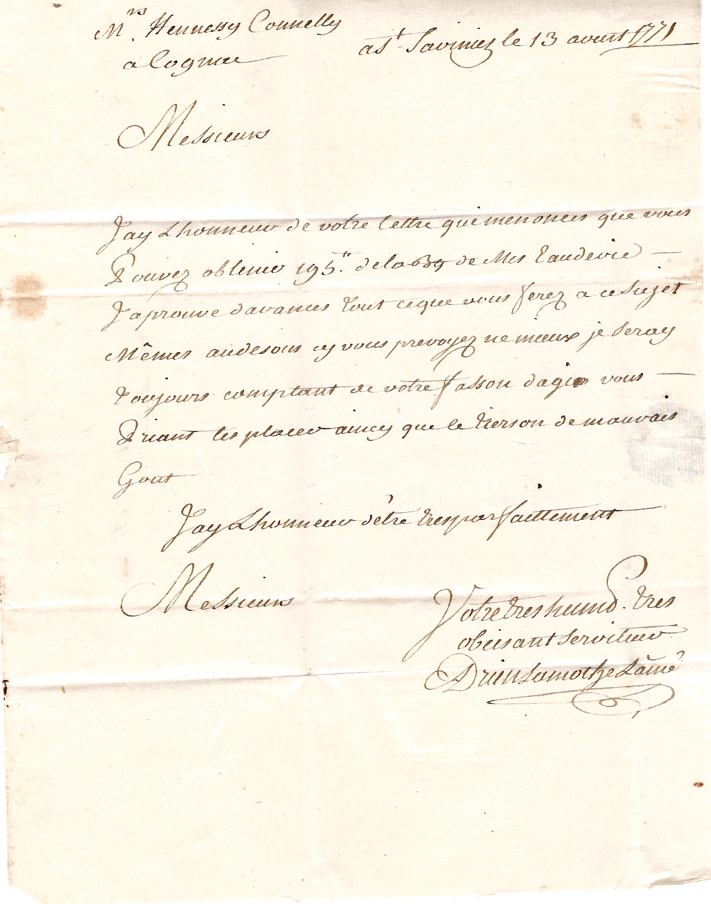 3 CHARENTE INFERIEURE MARQUE ST SAVINIEN DE PORT 1771 LETTRE POUR COGNAC LENAIN N°2 COTE 190€