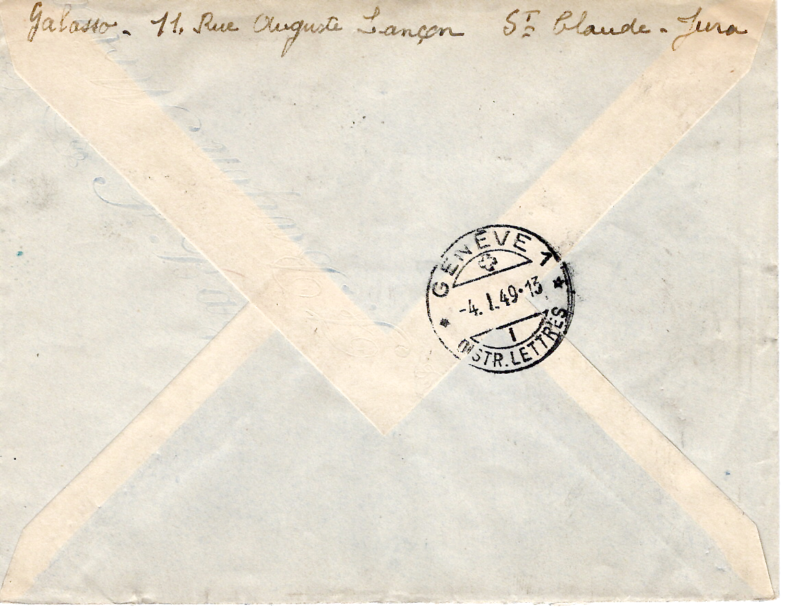 1 MAZELIN + N°820+804+821+805 LETTRE REC SAINT CLAUDE JURA 1949 GENEVE FRONTALIER