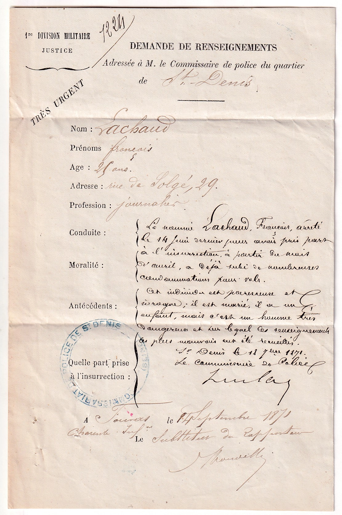 2 LETTRE DE RENSEIGNEMENT DU FORT FOURAS CHARENTE INFERIEURE CAD TYPE 24 FOURAS DU 14 SEPTEMBRE 1871 POUR ST DENIS COMMUNE DE PARIS