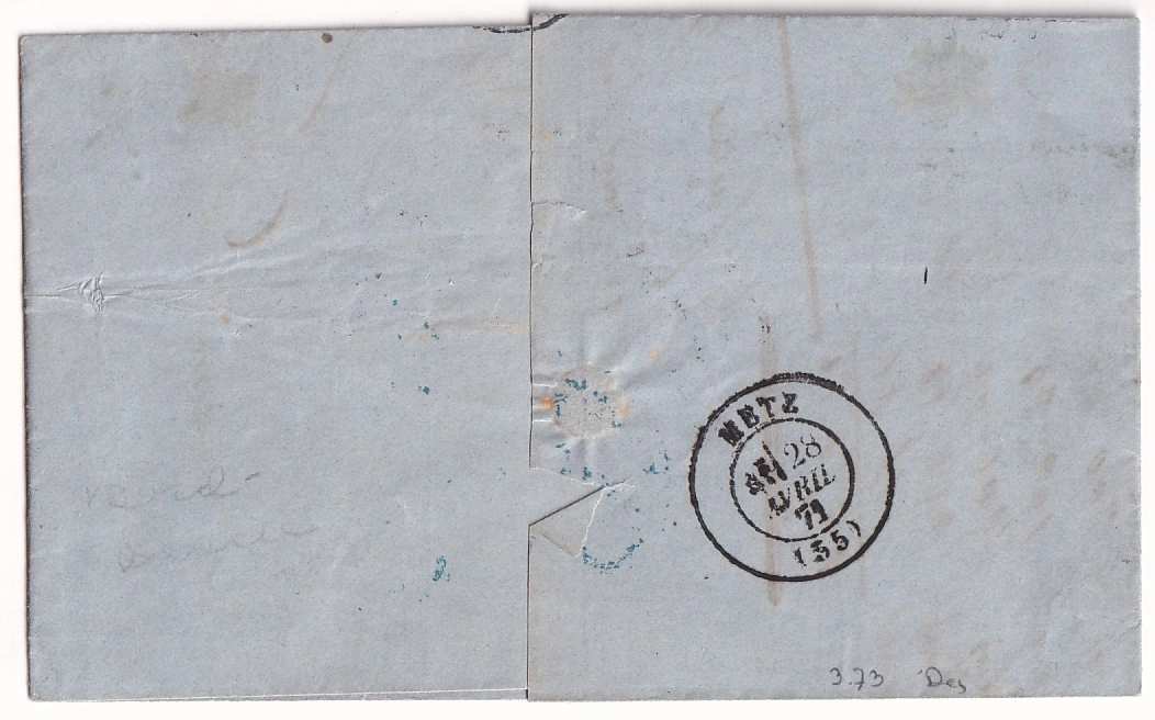 1 N°46B PC DU GC 163 ARMENTIERES NORD TAXE TAMPON ALLEMANDE 30 EN BLEU POUR METZ MOSELLE