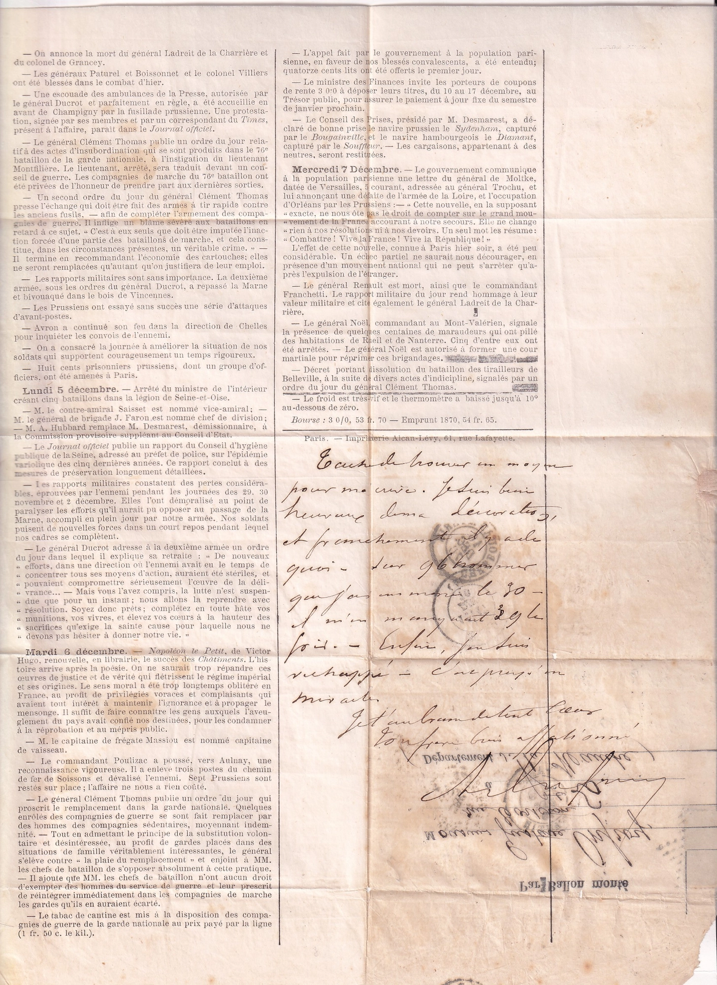 3 BALLON MONTE LE GENERAL RENAULT JOURNAL LE BALLON POSTE N°11 PARIS 9.12.1870 TEXTE LEVALLOIS PERRET POUR ST LO MANCHE ARRIVE 17.12.1870