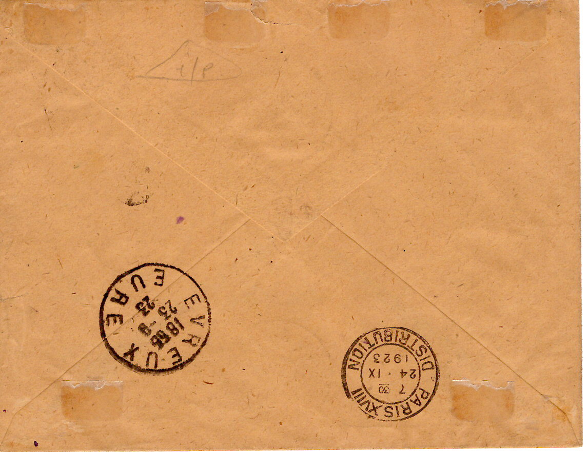 1 SEMEUSE 5C+20C + 6 VIGNETTES ROUEN AVION LETTRE AVION 23.9.1923 POUR PARIS