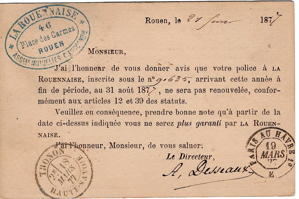 1 SAGE 15C+25C CARTE PRECURSEUR REC ROUEN 1877 POUR LYAUD HAUTE SAVOIE RETOUR 3949 REFUSE DIVILLE MARTIN