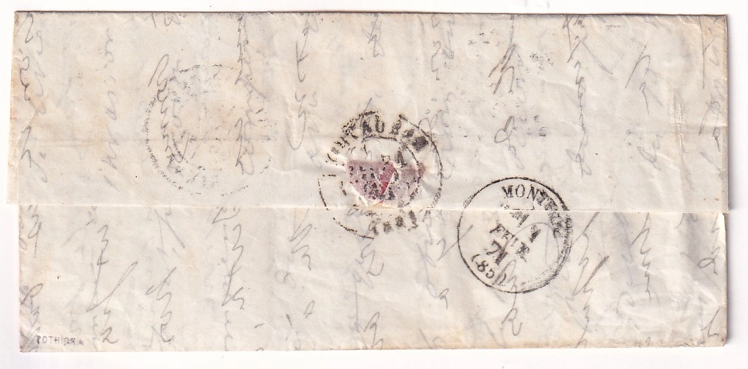 1 BALLON MONTE LE TORRICELLI PARIS 22 JANVIER 1871 POUR MONTECH TARN ET GARONNE 1 FEVRIER PASSAGE MONTAUBAN 31 JANVIER