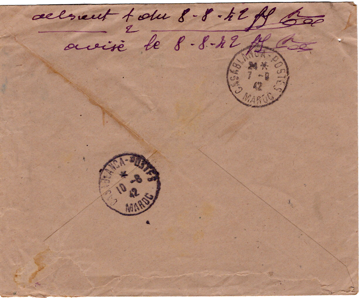 1 PETAIN 4FR50+1FR LETTRE REC AVION MONTPELLIER 1942 POUR MAROC + FRANCISQUE TRAVAIL FAMILLE PATRIE