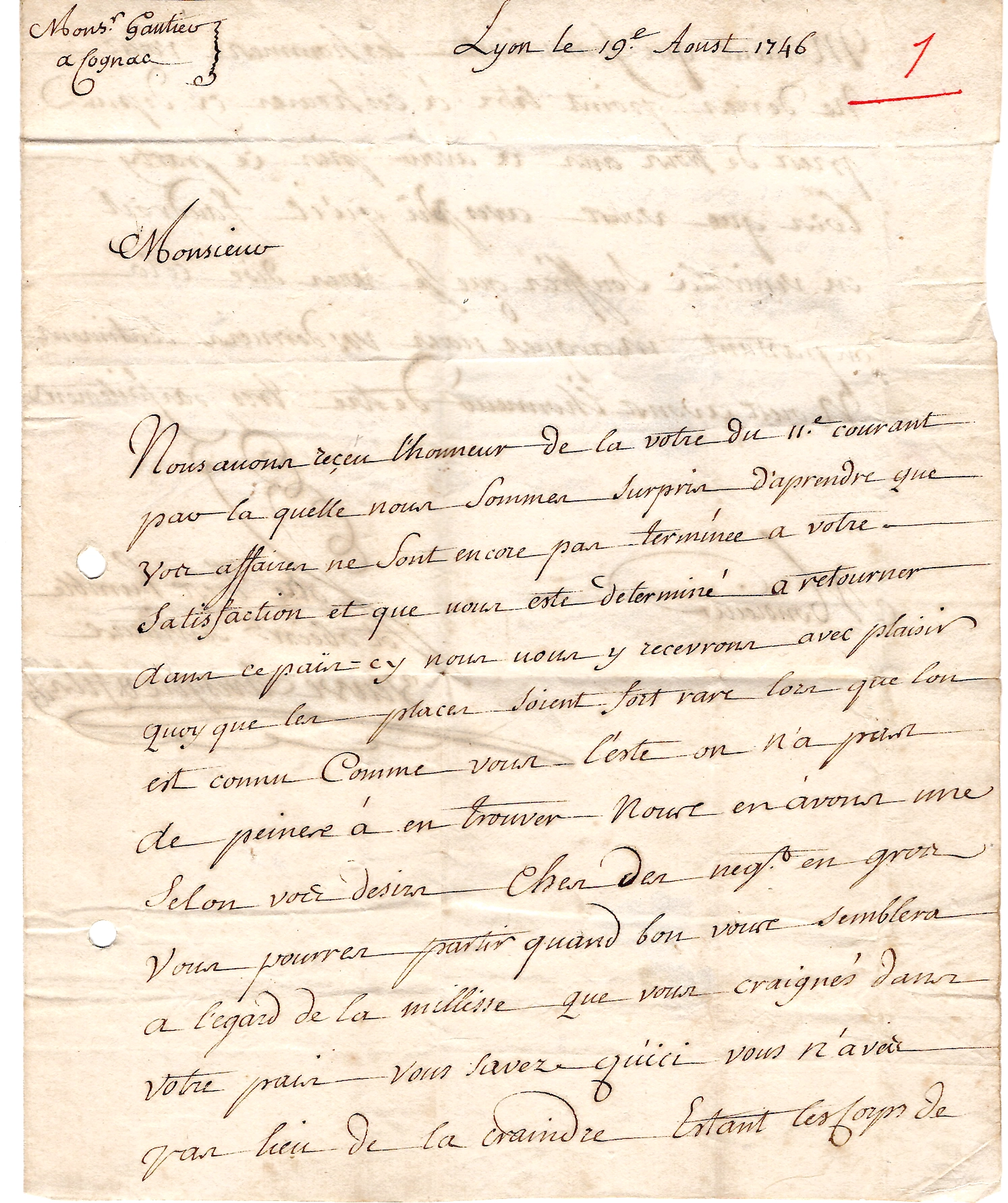2 RHONE GRANDE MARQUE DE LYON 1746 LETTRE POUR COGNAC PAS COTE