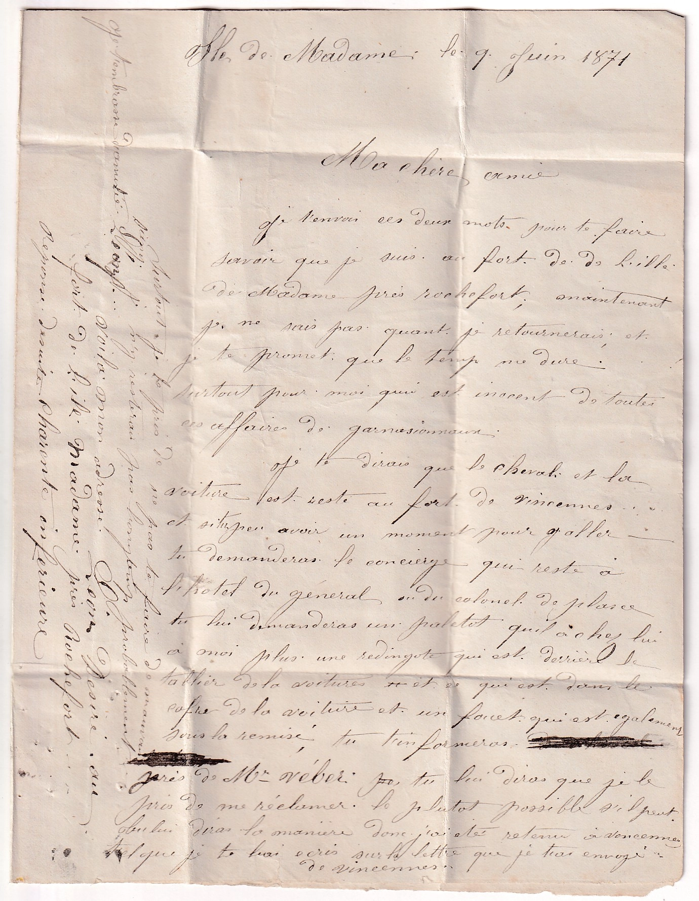2 LETTRE D'UN DETENU AU FORT DE L' ILE MADAME CAD GARE DE ROCHEFORT CHARENTE INFERIEURE 17 JUIN 1871 POUR PARIS COMMUNE DE PARIS