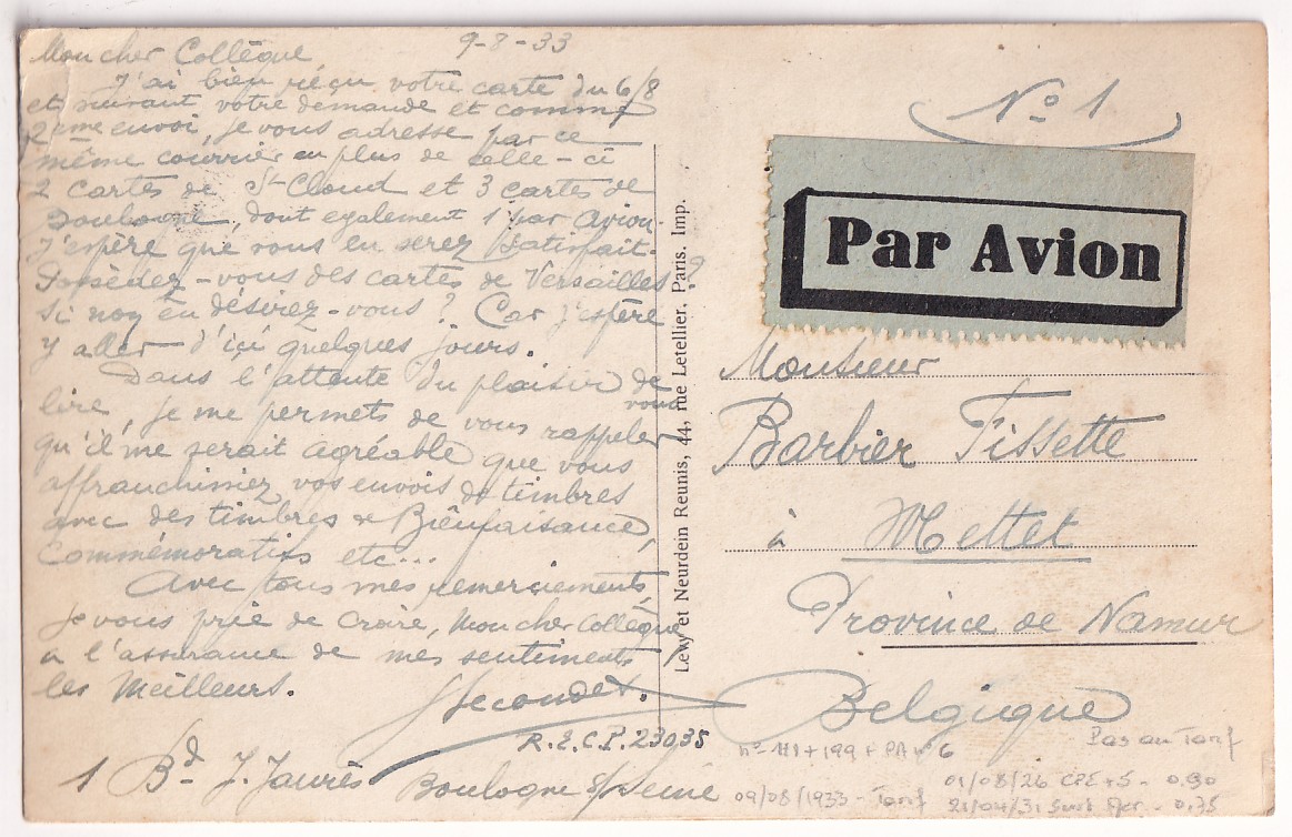 1 N°111 199 PAN°6 BOULOGNE SUR SEINE 1933 SUR CARTE POSTALE PAR AVION POUR METTET BELGIQUE