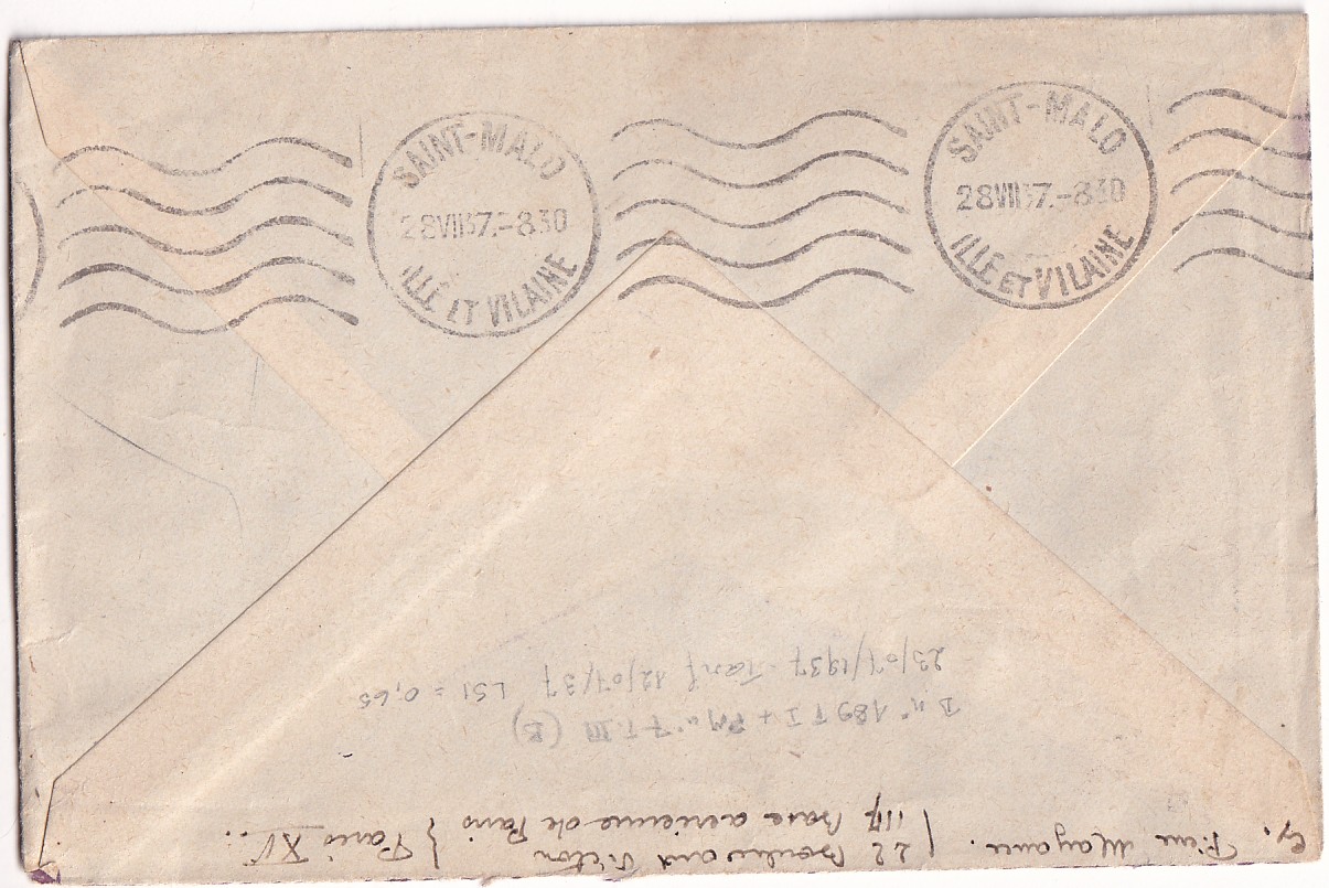 1 N°189 + TIMBRE FM PARIS BASE AERIENNE 1937 POUR ST MALO ILLE ET VILLAINE