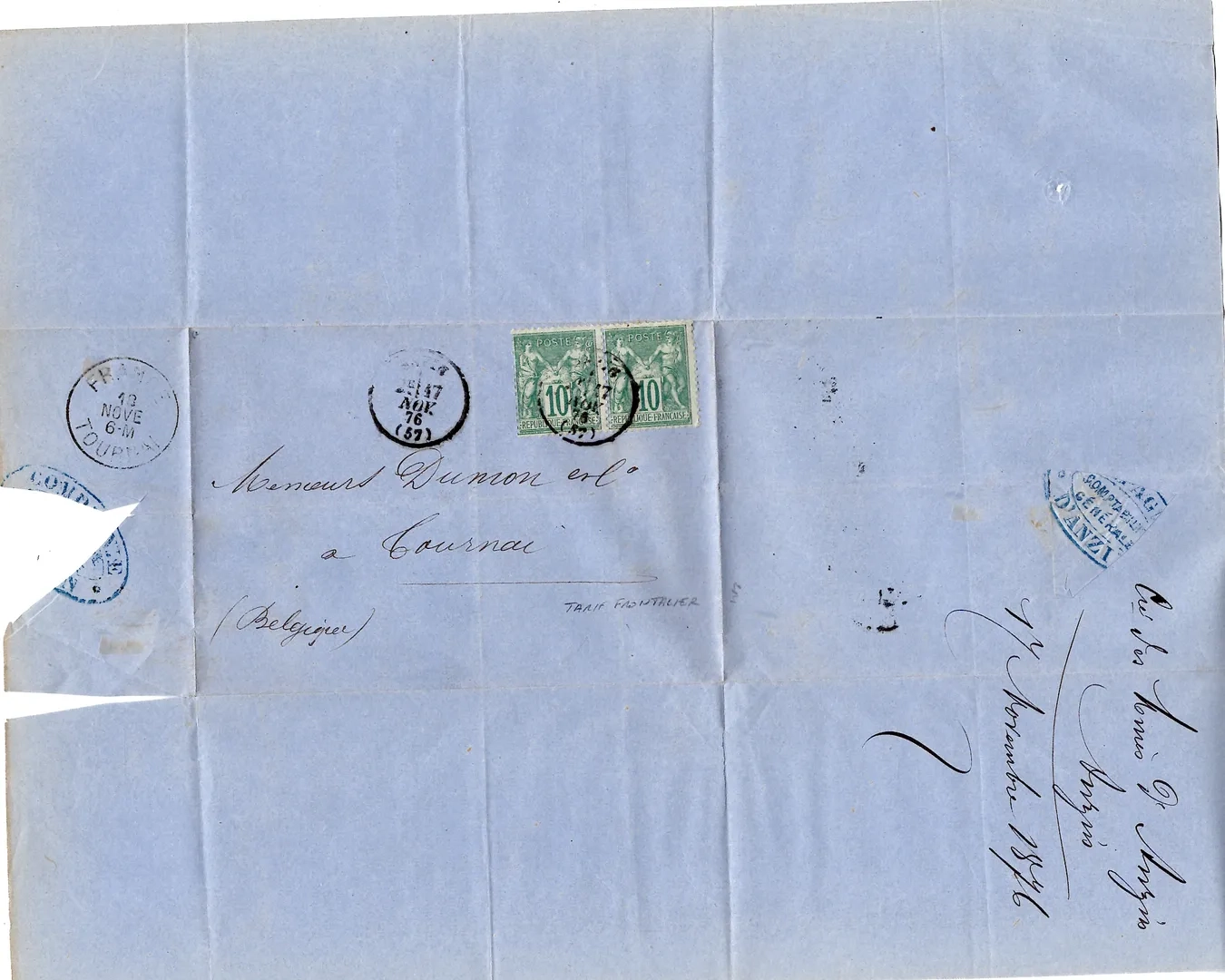 1 SAGE 10C VERT N°65 PAIRE LETTRE ANZIN NORD 17 NOV 1876 POUR TOURNAI TARIF FRONTALIER