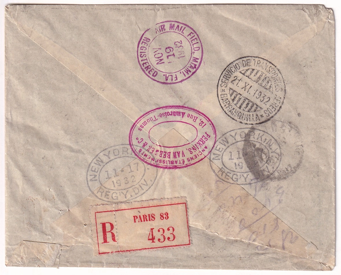2 N°262 X2 258 285 RECOMMANDE PAR AVION VIA NEW YORK ET MIAMI USA 1932 POUR BARRANQUILLA COLOMBIE