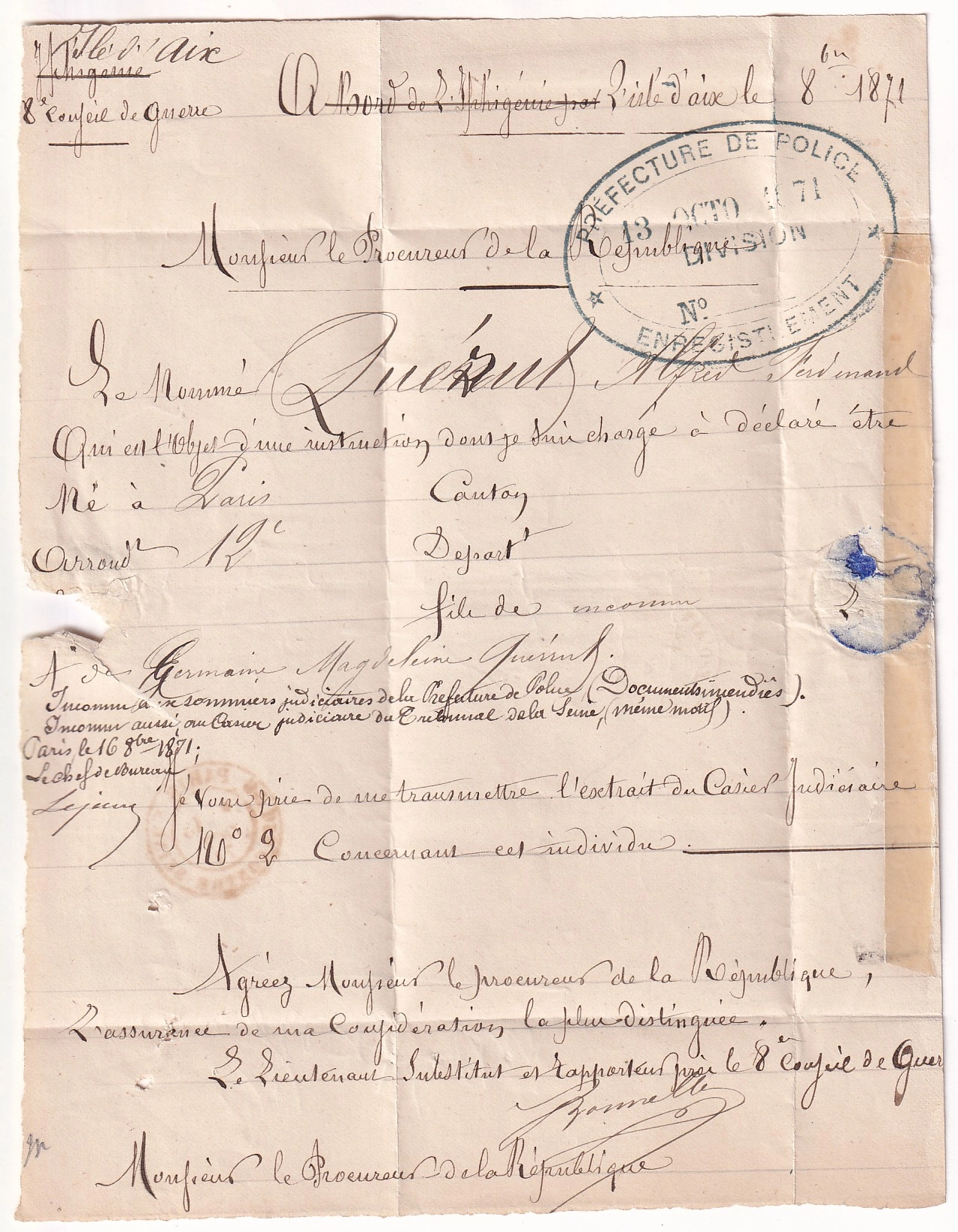 2 LETTRE DU DETENU AU FORT LIEDOT ISLE D'AIX CHARENTE INFERIEURE DU 11 OCTOBRE 1871 POUR PARIS COMMUNE DE PARIS