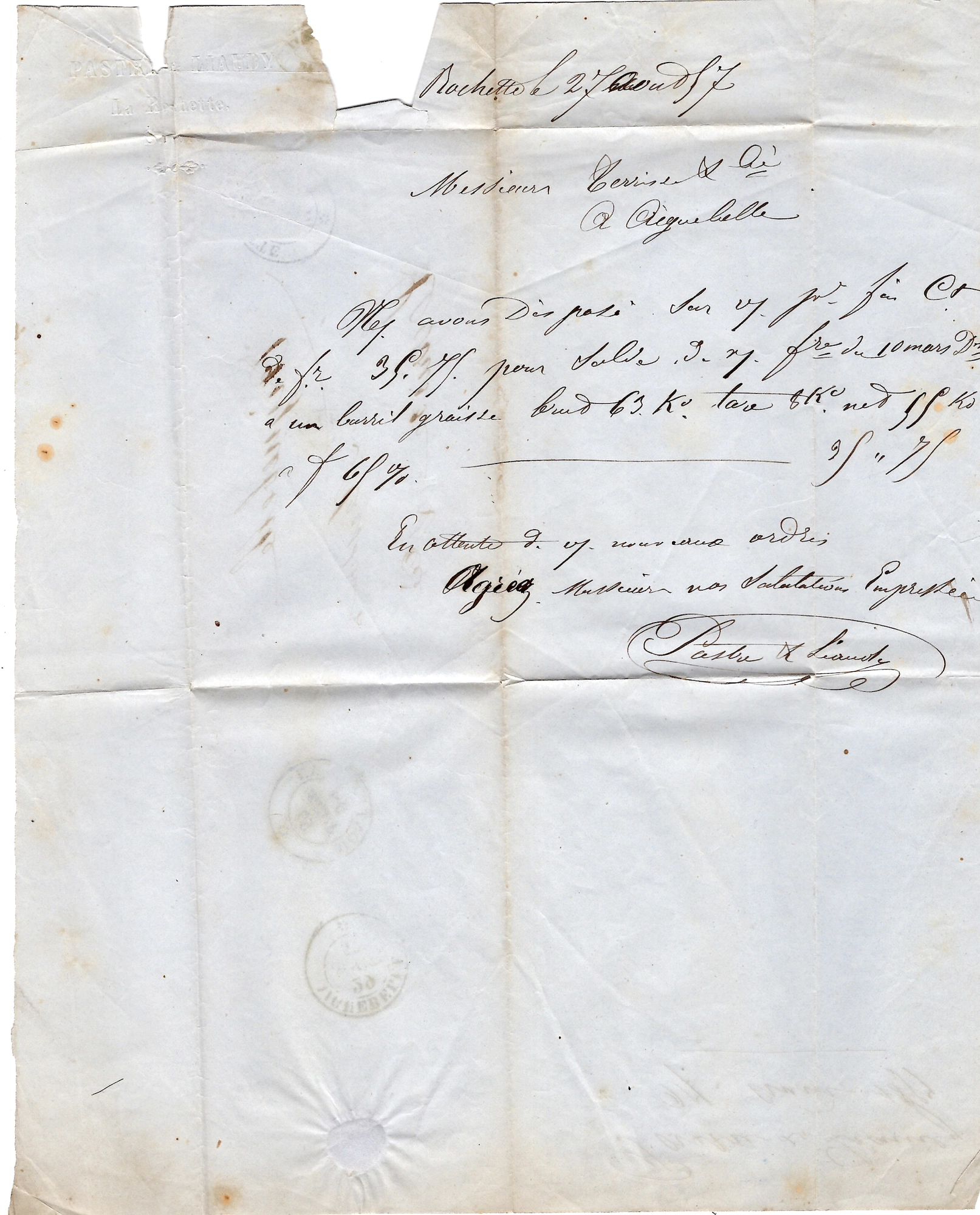 2 SARDE 20C EFFLEURE A GAUCHE LETTRE ROCHETTE 29 MAR 1857
